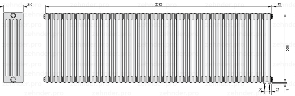 Схема (чертеж) Радиатор Zehnder Charleston 6180/52 №5510 Белый глянцевый RAL 9016